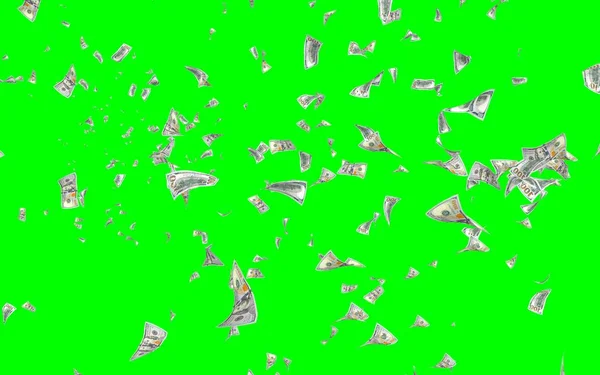 Flying dollars banknotes isolated on chromakey. Money is flying in the air. 100 US banknotes new sample. 3D illustration