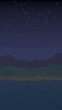 Yıldızlı aysız gökyüzü. Sahilde dalgalarla okyanus kıyısı. Dalgalar ile Ada plaj cenneti. Tatil, yaz, rahatlama. Deniz manzarası, deniz kıyısı. Minimalist manzara, ilkellik. 3d illüstrasyon