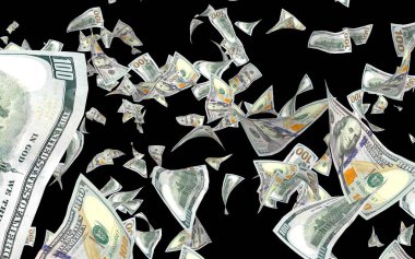 Dolar banknotlar uçan koyu arka plan üzerinde izole. Para havada uçuyor. 100 ABD banknotlar yeni örnek. 3D çizim