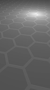 Gri arka plandaki petek. Çokgen in perspektif görünümü petek gibi görünüyor. Ekstrüde, yumru hücresi. Biyometrik geometri. Dikey görüntü yönlendirmesi. 3d illüstrasyon