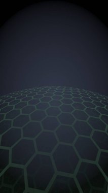 Çok katmanlı petek küresi, siyah arka planda mavi, sosyal ağ, bilgisayar ağı, teknoloji, küresel ağ. 3d illüstrasyon