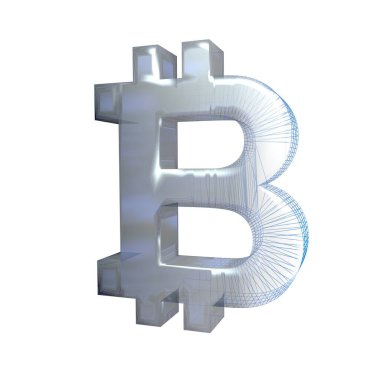 Bitcoin işareti, platin veya gümüş beyaz bir arka plan üzerinde mavi bir ızgara dönüşür. 3d illüstrasyon