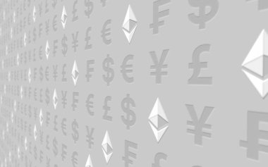 Ethereum klasik ve para beyaz bir arka plan üzerinde. Dijital kripto para birimi sembolü. İş konsepti. Piyasa Ekranı. 3d illüstrasyon