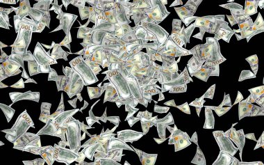 Dolar banknotlar uçan koyu arka plan üzerinde izole. Para havada uçuyor. 100 ABD banknotlar yeni örnek. 3D çizim