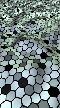 Değişken renkte bir bal peteği. Çokgenin perspektif görüntüsü bal peteğine benziyor. Dalgalı yüzey. İzometrik geometri. 3B illüstrasyon