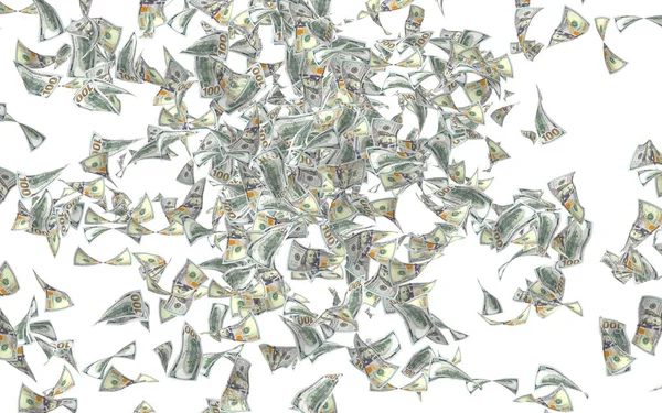 白い背景に孤立したドル紙幣を飛んでいます お金が空を飛んでいる 100米国の銀行券の新しいサンプル 3Dイラスト — ストック写真