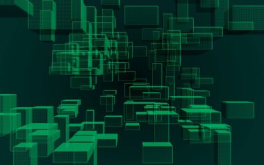 Yeşil ve koyu arka dijital ve teknoloji plan. Dikdörtgenler tekrarlayan olan desen. 3D çizim