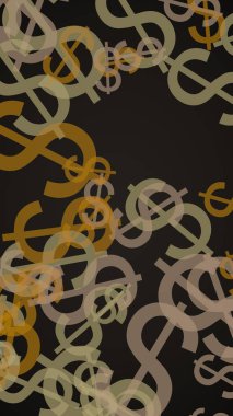 Koyu arkaplanda saydam dolar işaretleri var. Turuncu tonlar. 3B illüstrasyon