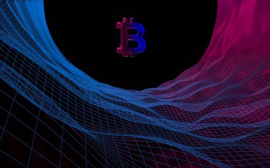 Soyut karanlık arka planda dijital para birimi sembolü Bitcoin. Kripto para piyasasının büyümesi. İş, finans ve teknoloji konsepti. 3d illüstrasyon