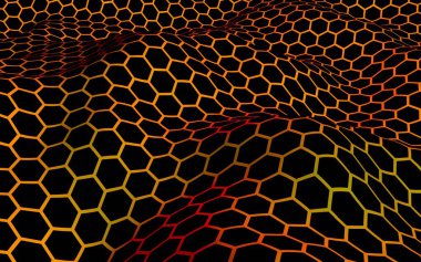 Petek dalga etkisi kırmızı sarı arka plan üzerinde. Çokgen in perspektif görünümü petek gibi görünüyor. Biyometrik geometri. 3d illüstrasyon