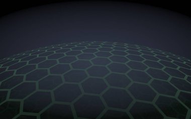 Çok katmanlı petek küresi, siyah arka planda mavi, sosyal ağ, bilgisayar ağı, teknoloji, küresel ağ. 3d illüstrasyon