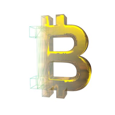 Bitcoin işareti, yeşil şebeke beyaz arka planda altına dönüşür. 3B illüstrasyon