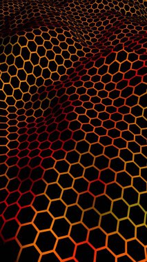 Petek dalga etkisi kırmızı sarı arka plan üzerinde. Çokgen in perspektif görünümü petek gibi görünüyor. Biyometrik geometri. Dikey görüntü yönlendirmesi. 3d illüstrasyon