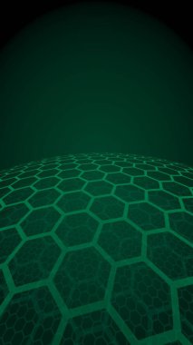 Çok katmanlı petek küresi, koyu arka planda yeşil, sosyal ağ, bilgisayar ağı, teknoloji, küresel ağ. 3d illüstrasyon