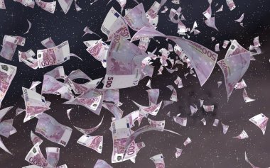 Uzay yıldızlı arka planda euro banknotları uçurmak. Uzayda para uçuyor. 500 EURO renkli. 3B illüstrasyon