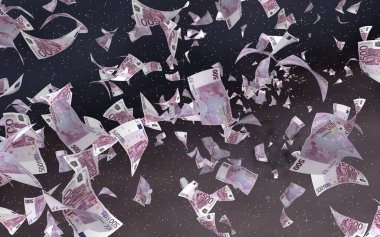 Uzay yıldızlı arka planda euro banknotları uçurmak. Uzayda para uçuyor. 500 EURO renkli. 3B illüstrasyon