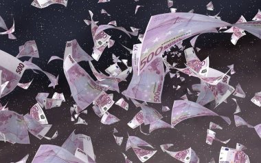 Uzay yıldızlı arka planda euro banknotları uçurmak. Uzayda para uçuyor. 500 EURO renkli. 3B illüstrasyon