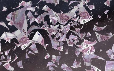 Uzay yıldızlı arka planda euro banknotları uçurmak. Uzayda para uçuyor. 500 EURO renkli. 3B illüstrasyon