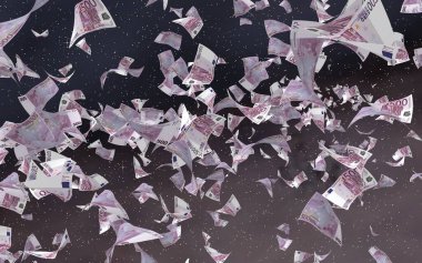 Uzay yıldızlı arka planda euro banknotları uçurmak. Uzayda para uçuyor. 500 EURO renkli. 3B illüstrasyon