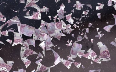 Uzay yıldızlı arka planda euro banknotları uçurmak. Uzayda para uçuyor. 500 EURO renkli. 3B illüstrasyon