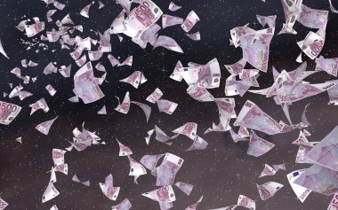 Uzay yıldızlı arka planda euro banknotları uçurmak. Uzayda para uçuyor. 500 EURO renkli. 3B illüstrasyon