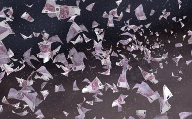 Uzay yıldızlı arka planda euro banknotları uçurmak. Uzayda para uçuyor. 500 EURO renkli. 3B illüstrasyon