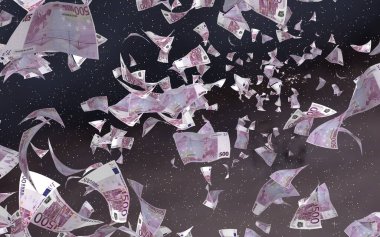 Uzay yıldızlı arka planda euro banknotları uçurmak. Uzayda para uçuyor. 500 EURO renkli. 3B illüstrasyon