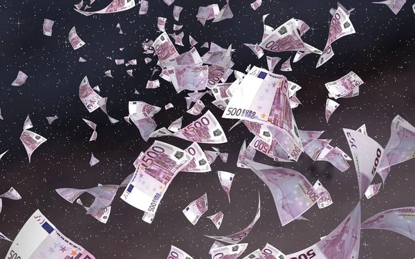Uzay yıldızlı arka planda euro banknotları uçurmak. Uzayda para uçuyor. 500 EURO renkli. 3B illüstrasyon