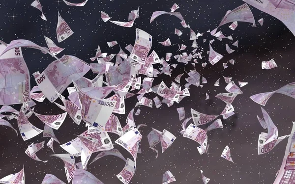 Uzay yıldızlı arka planda euro banknotları uçurmak. Uzayda para uçuyor. 500 EURO renkli. 3B illüstrasyon