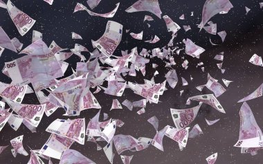 Uzay yıldızlı arka planda euro banknotları uçurmak. Uzayda para uçuyor. 500 EURO renkli. 3B illüstrasyon