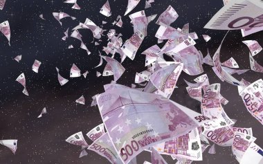 Uzay yıldızlı arka planda euro banknotları uçurmak. Uzayda para uçuyor. 500 EURO renkli. 3B illüstrasyon