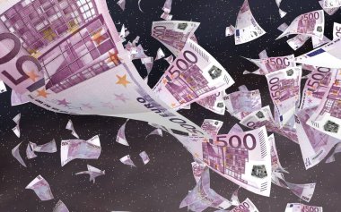 Uzay yıldızlı arka planda euro banknotları uçurmak. Uzayda para uçuyor. 500 EURO renkli. 3B illüstrasyon