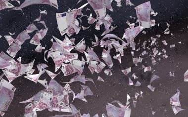 Uzay yıldızlı arka planda euro banknotları uçurmak. Uzayda para uçuyor. 500 EURO renkli. 3B illüstrasyon