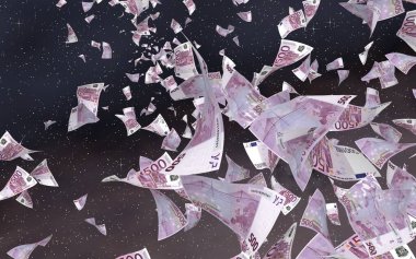 Uzay yıldızlı arka planda euro banknotları uçurmak. Uzayda para uçuyor. 500 EURO renkli. 3B illüstrasyon