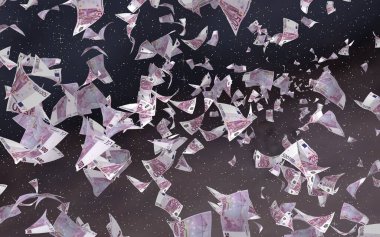 Uzay yıldızlı arka planda euro banknotları uçurmak. Uzayda para uçuyor. 500 EURO renkli. 3B illüstrasyon