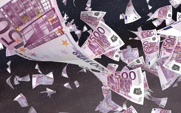 Uzay yıldızlı arka planda euro banknotları uçurmak. Uzayda para uçuyor. 500 EURO renkli. 3B illüstrasyon