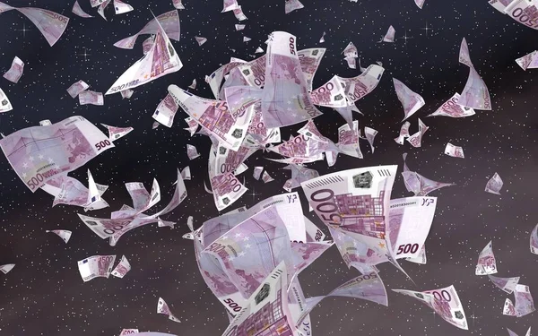 在外太空星光灿烂的背景上飞行的欧元钞票 在外层空间飞行的钱 500欧元的颜色 3D插图 — 图库照片