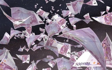 Uzay yıldızlı arka planda euro banknotları uçurmak. Uzayda para uçuyor. 500 EURO renkli. 3B illüstrasyon