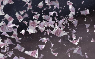 Uzay yıldızlı arka planda euro banknotları uçurmak. Uzayda para uçuyor. 500 EURO renkli. 3B illüstrasyon