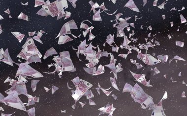 Uzay yıldızlı arka planda euro banknotları uçurmak. Uzayda para uçuyor. 500 EURO renkli. 3B illüstrasyon