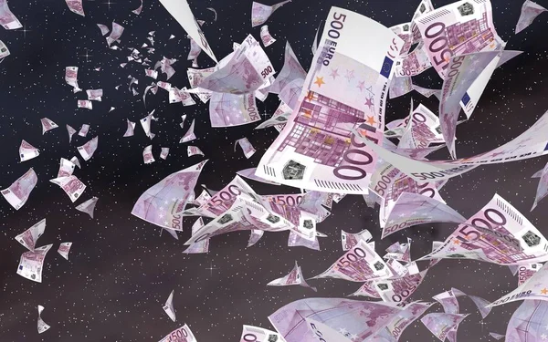 Vliegende Eurobankbiljetten Een Sterrenachtergrond Ruimte Geld Dat Ruimte Vliegt 500 — Stockfoto