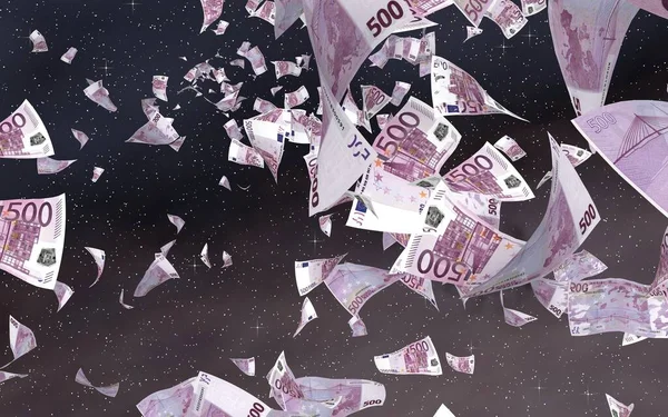 宇宙の星空の背景にユーロ紙幣を飛んでいます 宇宙を飛ぶお金 500ユーロの色で 3Dイラスト — ストック写真