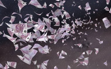 Uzay yıldızlı arka planda euro banknotları uçurmak. Uzayda para uçuyor. 500 EURO renkli. 3B illüstrasyon