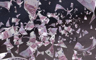 Uzay yıldızlı arka planda euro banknotları uçurmak. Uzayda para uçuyor. 500 EURO renkli. 3B illüstrasyon