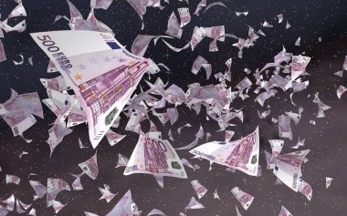 Uzay yıldızlı arka planda euro banknotları uçurmak. Uzayda para uçuyor. 500 EURO renkli. 3B illüstrasyon