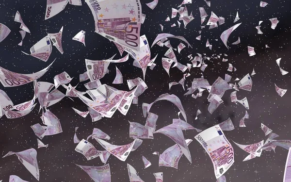 宇宙の星空の背景にユーロ紙幣を飛んでいます 宇宙を飛ぶお金 500ユーロの色で 3Dイラスト — ストック写真