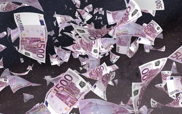 Uzay yıldızlı arka planda euro banknotları uçurmak. Uzayda para uçuyor. 500 EURO renkli. 3B illüstrasyon