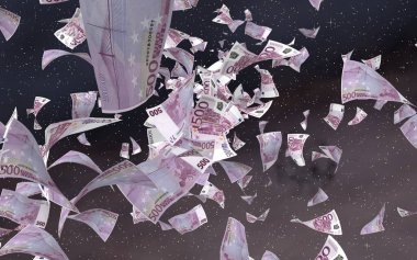 Uzay yıldızlı arka planda euro banknotları uçurmak. Uzayda para uçuyor. 500 EURO renkli. 3B illüstrasyon