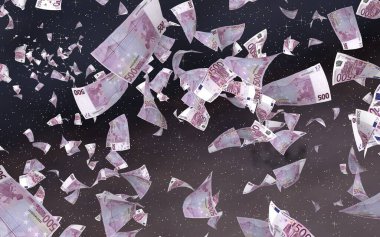 Uzay yıldızlı arka planda euro banknotları uçurmak. Uzayda para uçuyor. 500 EURO renkli. 3B illüstrasyon