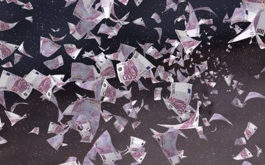 Uzay yıldızlı arka planda euro banknotları uçurmak. Uzayda para uçuyor. 500 EURO renkli. 3B illüstrasyon
